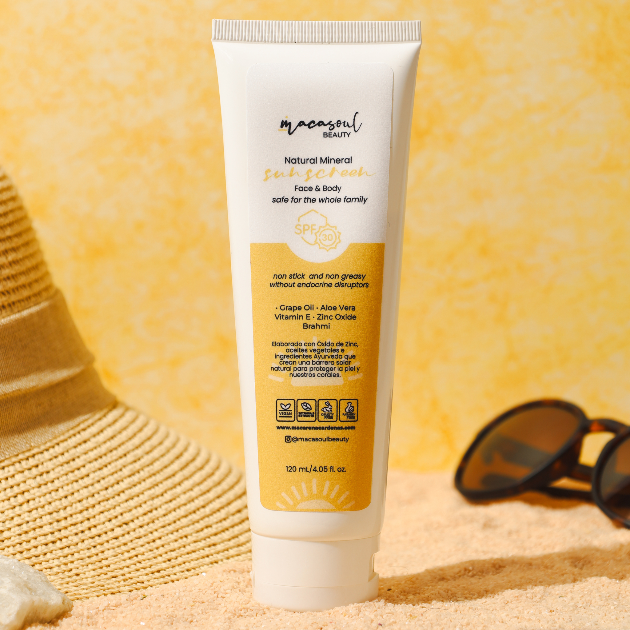 Face & Body Sunscreen SPF 30 (120ml) Protector Solar Mineral con Óxido de Zinc No-Nano, Aloe Vera y Vitamina E.