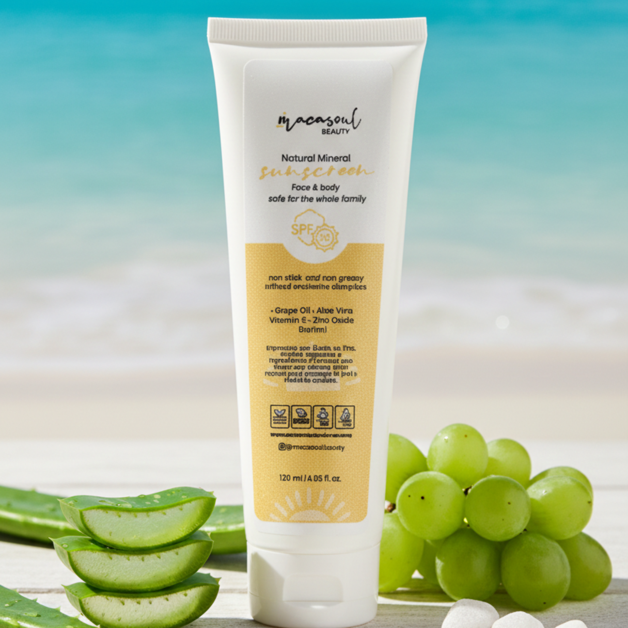 Face & Body Sunscreen SPF 30 (120ml) Protector Solar Mineral con Óxido de Zinc No-Nano, Aloe Vera y Vitamina E.
