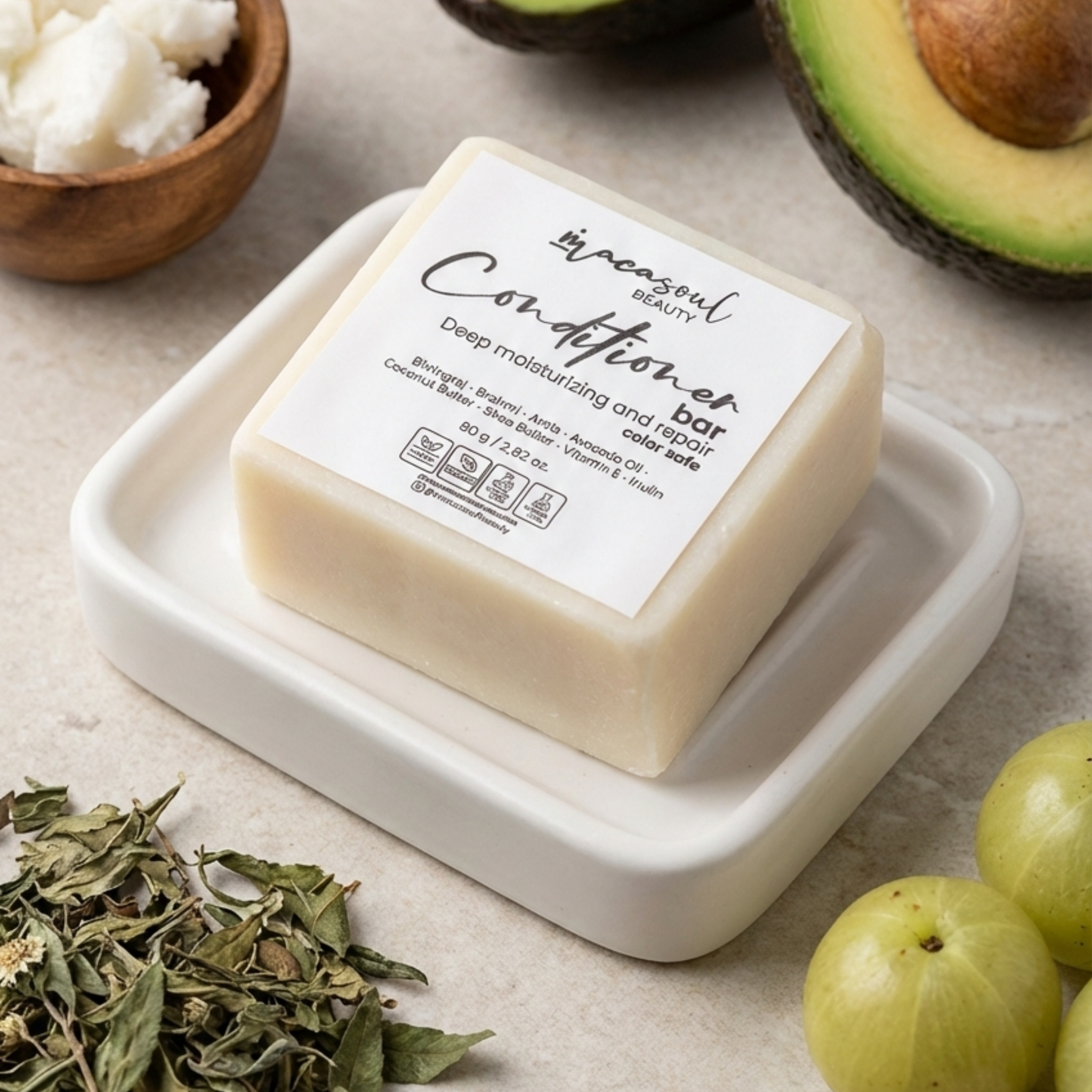 Organic Conditioner Bar "Botanicals" (80gr) Acondicionador Sólido Vegano con Ayurveda, Aceite de Aguacate y Manteca de Karité para Hidratación y Brillo