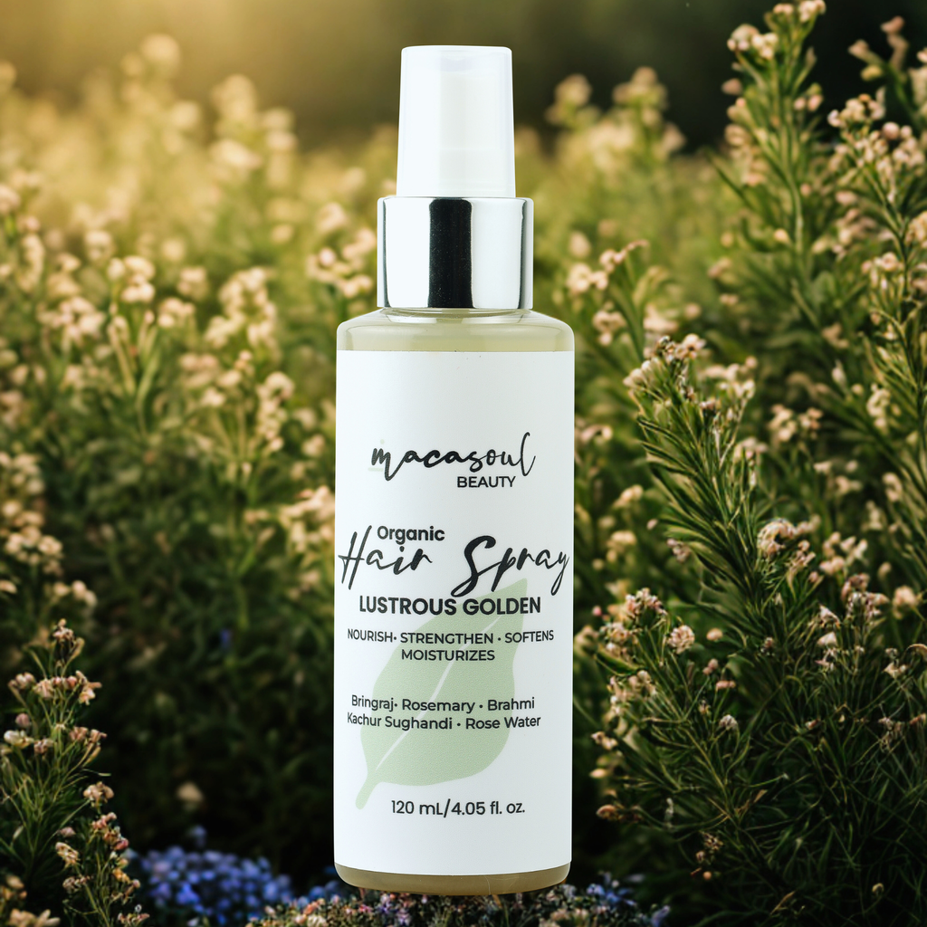 Organic Hair Spray Lustrous Golden (120ml) Spray Capilar Vegano con Ayurveda, Agua de Rosas y Kachur Sughandhi para Crecimiento, Fuerza y Brillo