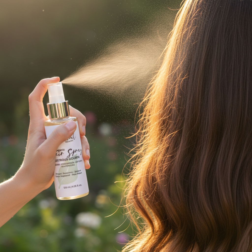 Organic Hair Spray Lustrous Golden (120ml) Spray Capilar Vegano con Ayurveda, Agua de Rosas y Kachur Sughandhi para Crecimiento, Fuerza y Brillo