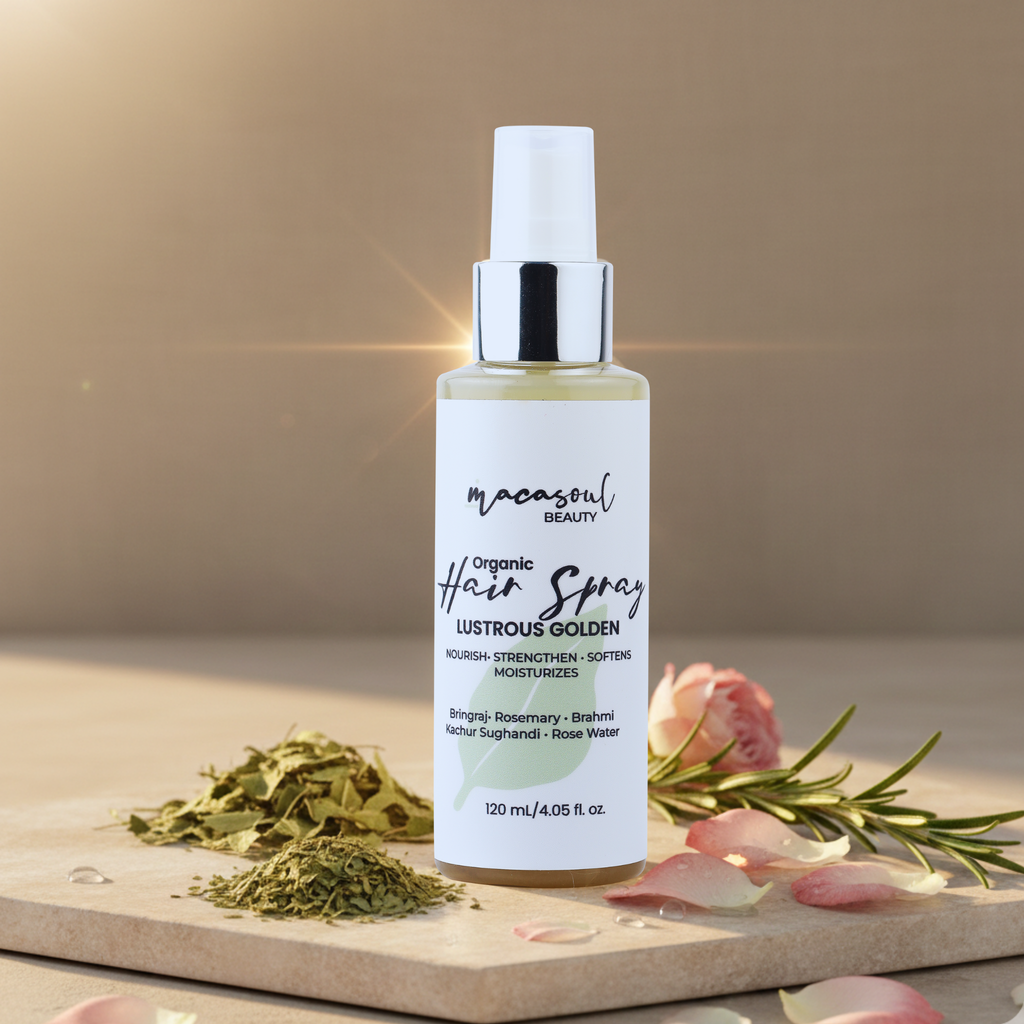 Organic Hair Spray Lustrous Golden (120ml) Spray Capilar Vegano con Ayurveda, Agua de Rosas y Kachur Sughandhi para Crecimiento, Fuerza y Brillo