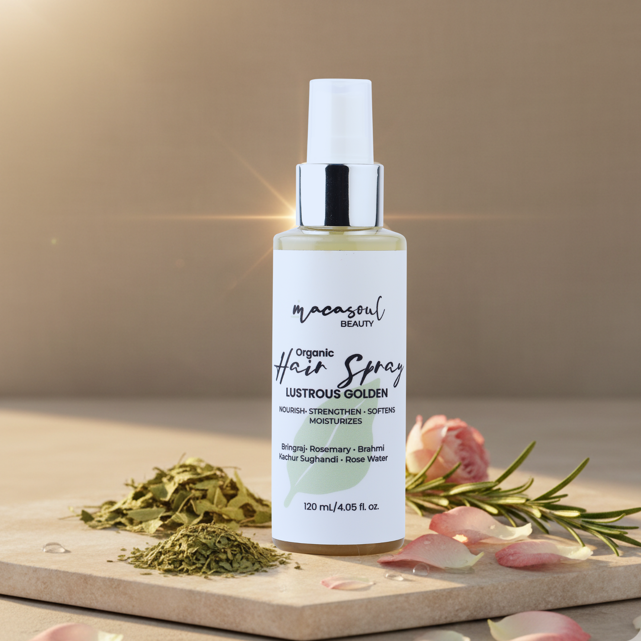 Organic Hair Spray Lustrous Golden (120ml) Spray Capilar Vegano con Ayurveda, Agua de Rosas y Kachur Sughandhi para Crecimiento, Fuerza y Brillo