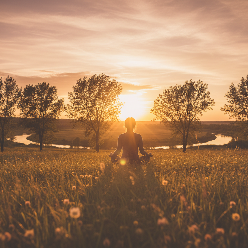 Una foto tuya o de silueta de mujer , con luz natural de "hora dorada", donde se vea que esta en un lugar natural meditando radiante y una atmósfera de paz.